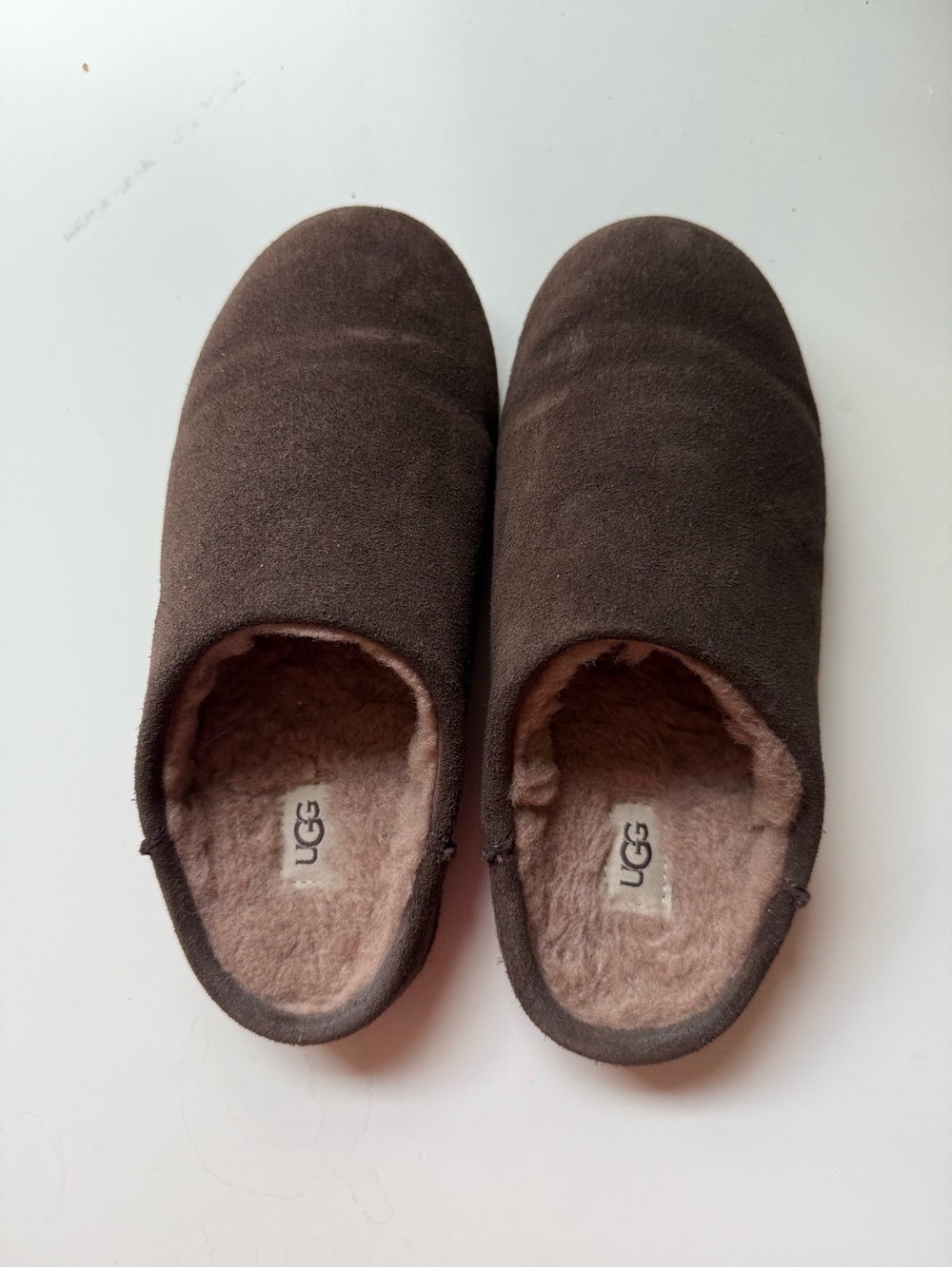UGG women’s Dark Brown Suede Slip-On Clog with Shearling Lining